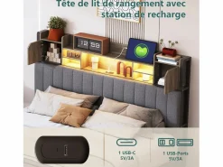 Sale Cama de matrimonio tapizada con somier de láminas y 4 cajones, 140x190 cm, con LED y USB, color lino y . Cama Con Almacenaje|Cama Adulto