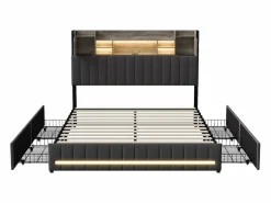 Sale Cama de matrimonio tapizada con somier de láminas y 4 cajones, 140x190 cm, con LED y USB, color lino y . Cama Con Almacenaje|Cama Adulto