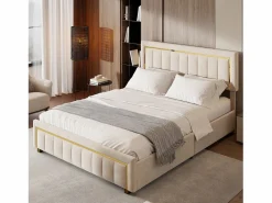Best Cama de terciopelo con canapé de 160x200 cm - con palanca neumática - con somier de láminas - Beige