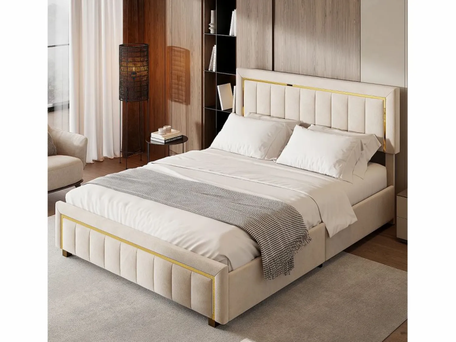 Best Cama de terciopelo con canapé de 160x200 cm - con palanca neumática - con somier de láminas - Beige
