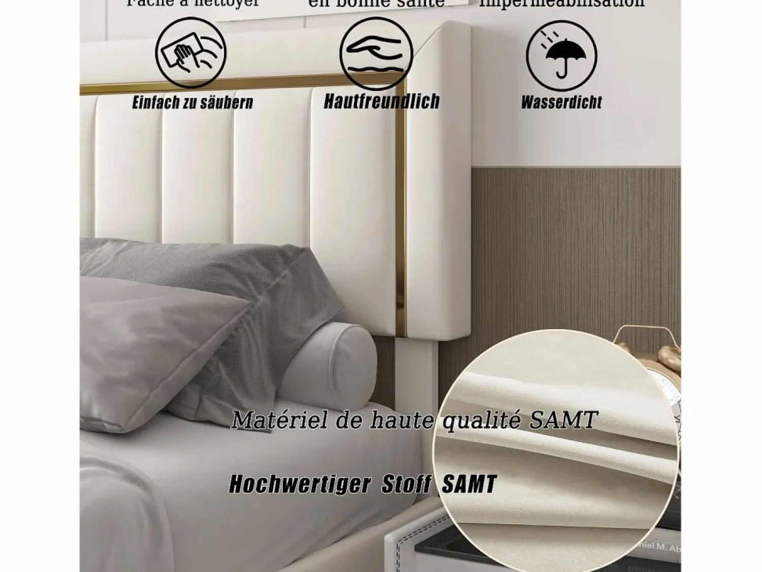 Best Cama de terciopelo con canapé de 160x200 cm - con palanca neumática - con somier de láminas - Beige