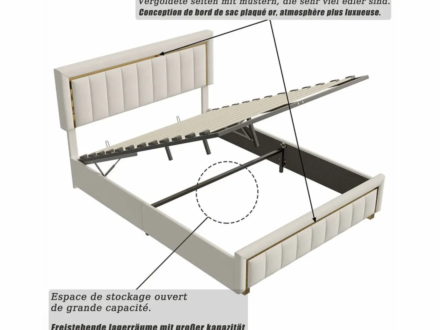 Best Cama de terciopelo con canapé de 160x200 cm - con palanca neumática - con somier de láminas - Beige