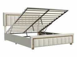 Best Cama de terciopelo con canapé de 160x200 cm - con palanca neumática - con somier de láminas - Beige