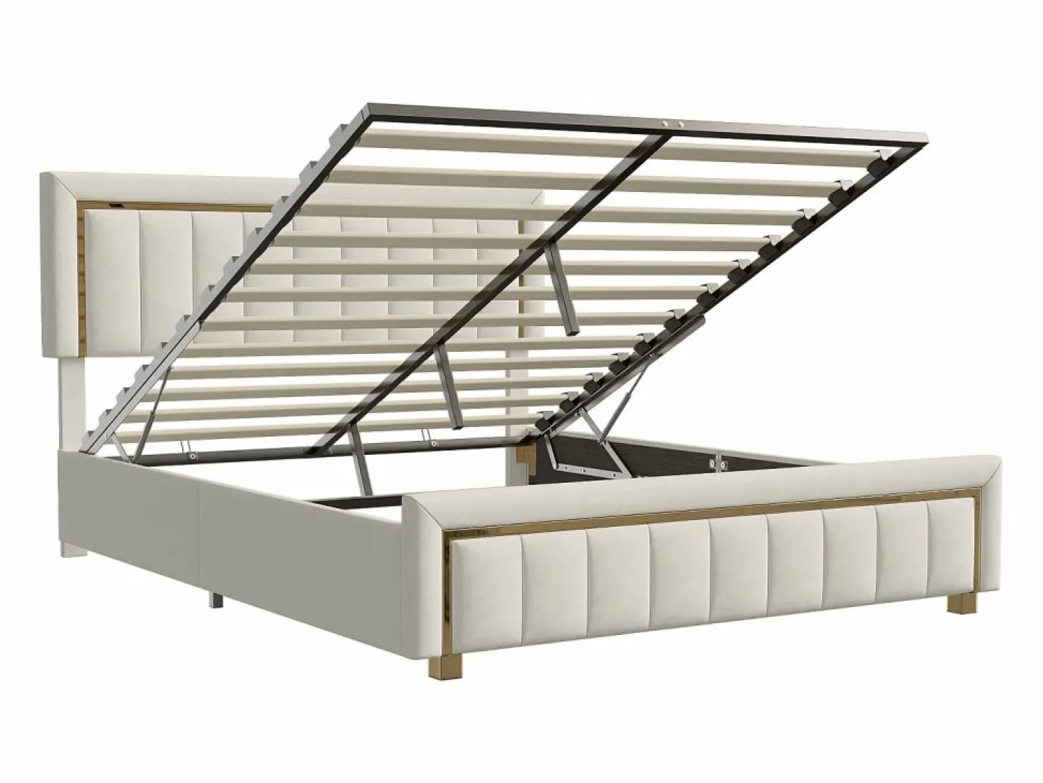 Best Cama de terciopelo con canapé de 160x200 cm - con palanca neumática - con somier de láminas - Beige