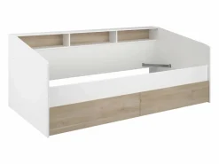New Vente-unique Cama de 90x200 cm con cajones y estantes, acabado blanco y natural + Somier de láminas - PAULETTE Color natural claro / Blanco