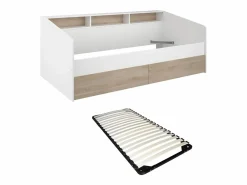 New Vente-unique Cama de 90x200 cm con cajones y estantes, acabado blanco y natural + Somier de láminas - PAULETTE Color natural claro / Blanco
