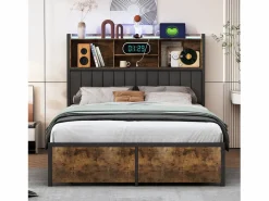Clearance Cama doble 140 x 200 cm con 2 cajones - Iluminación LED y puerto USB - Cabecero con espacio de almacenaje - Negro