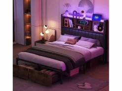 Clearance Cama doble 140 x 200 cm con 2 cajones - Iluminación LED y puerto USB - Cabecero con espacio de almacenaje - Negro