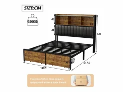 Clearance Cama doble 140 x 200 cm con 2 cajones - Iluminación LED y puerto USB - Cabecero con espacio de almacenaje - Negro