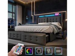 New Merax Cama doble canapé tapizada - 140 x 200 cm - Colchón + Leds + 4 cajones + Cabecero con USB - Tejido de algodón - Gris