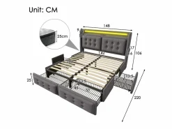 New Merax Cama doble canapé tapizada - 140 x 200 cm - Colchón + Leds + 4 cajones + Cabecero con USB - Tejido de algodón - Gris