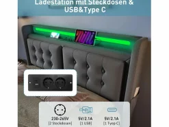 New Merax Cama doble canapé tapizada - 140 x 200 cm - Colchón + Leds + 4 cajones + Cabecero con USB - Tejido de algodón - Gris