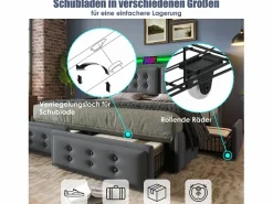 New Merax Cama doble canapé tapizada - 140 x 200 cm - Colchón + Leds + 4 cajones + Cabecero con USB - Tejido de algodón - Gris