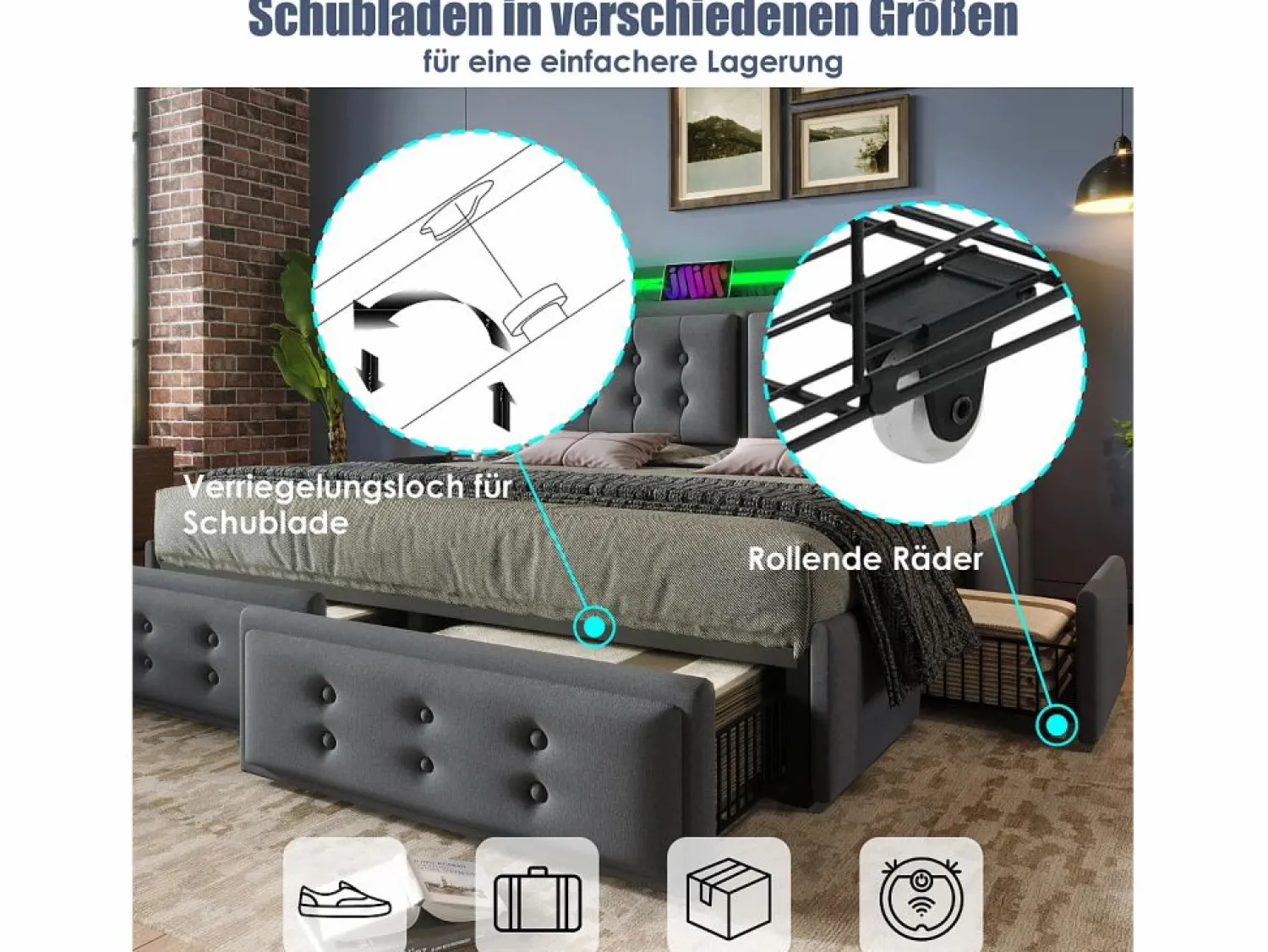 New Merax Cama doble canapé tapizada - 140 x 200 cm - Colchón + Leds + 4 cajones + Cabecero con USB - Tejido de algodón - Gris