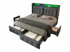 New Merax Cama doble canapé tapizada - 140 x 200 cm - Colchón + Leds + 4 cajones + Cabecero con USB - Tejido de algodón - Gris