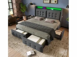 New Merax Cama doble canapé tapizada - 140 x 200 cm - Colchón + Leds + 4 cajones + Cabecero con USB - Tejido de algodón - Gris
