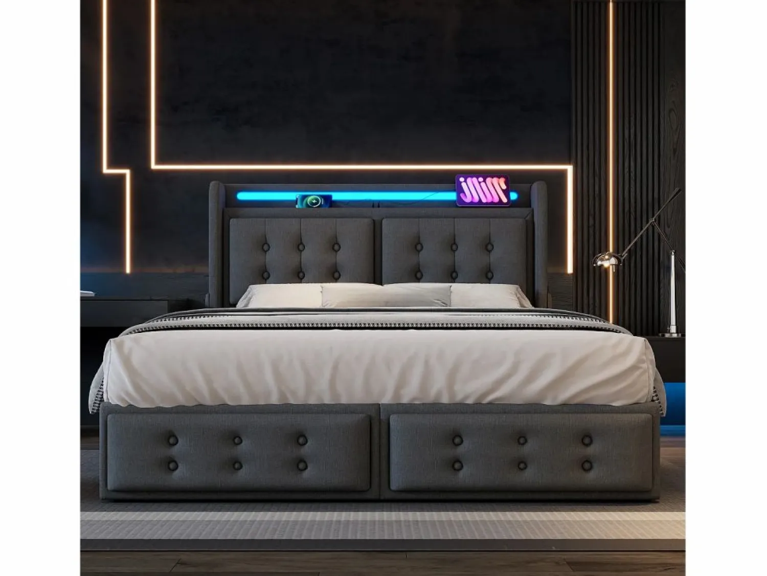 New Merax Cama doble canapé tapizada - 140 x 200 cm - Colchón + Leds + 4 cajones + Cabecero con USB - Tejido de algodón - Gris