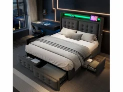 Best Merax Cama doble canapé tapizada - 160 x 200 cm - Colchón + Leds + 4 cajones + Cabecero con USB - Tejido de algodón - Gris