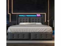 Best Merax Cama doble canapé tapizada - 160 x 200 cm - Colchón + Leds + 4 cajones + Cabecero con USB - Tejido de algodón - Gris