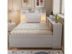 Cama doble con canapé - 90 x 200 cm - cabecero con canapé + 2 luces - Armarios laterales + cajón - aglomerado + MDF - Cama Con Canapé|Cama Infantil