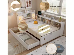 Cama doble con canapé - 90 x 200 cm - cabecero con canapé + 2 luces - Armarios laterales + cajón - aglomerado + MDF - Cama Con Canapé|Cama Infantil