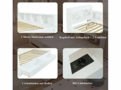 Cama doble con canapé - 90 x 200 cm - cabecero con canapé + 2 luces - Armarios laterales + cajón - aglomerado + MDF - Cama Con Canapé|Cama Infantil