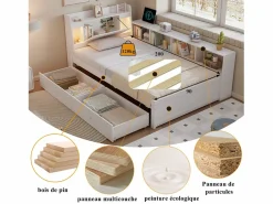 Cama doble con canapé - 90 x 200 cm - cabecero con canapé + 2 luces - Armarios laterales + cajón - aglomerado + MDF - Cama Con Canapé|Cama Infantil
