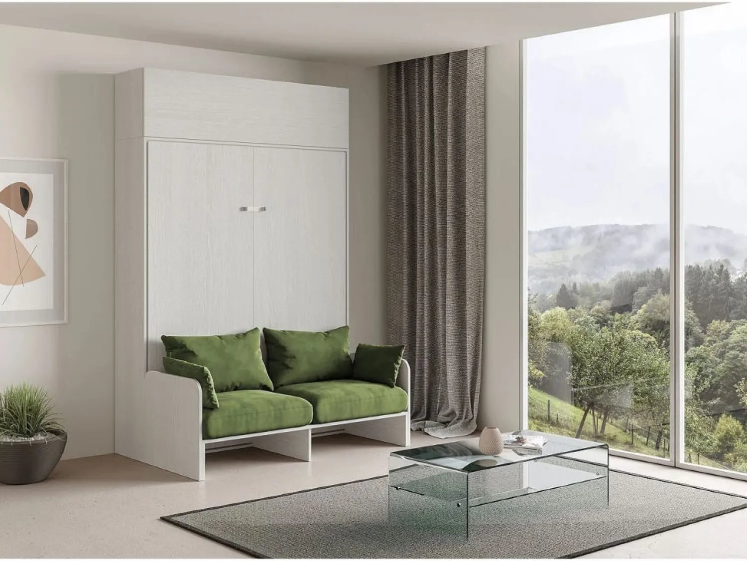 Sale Cama doble plegable Kentaro de 160 cm con sofá y mueble alto de fresno , color verde Cama Abatible