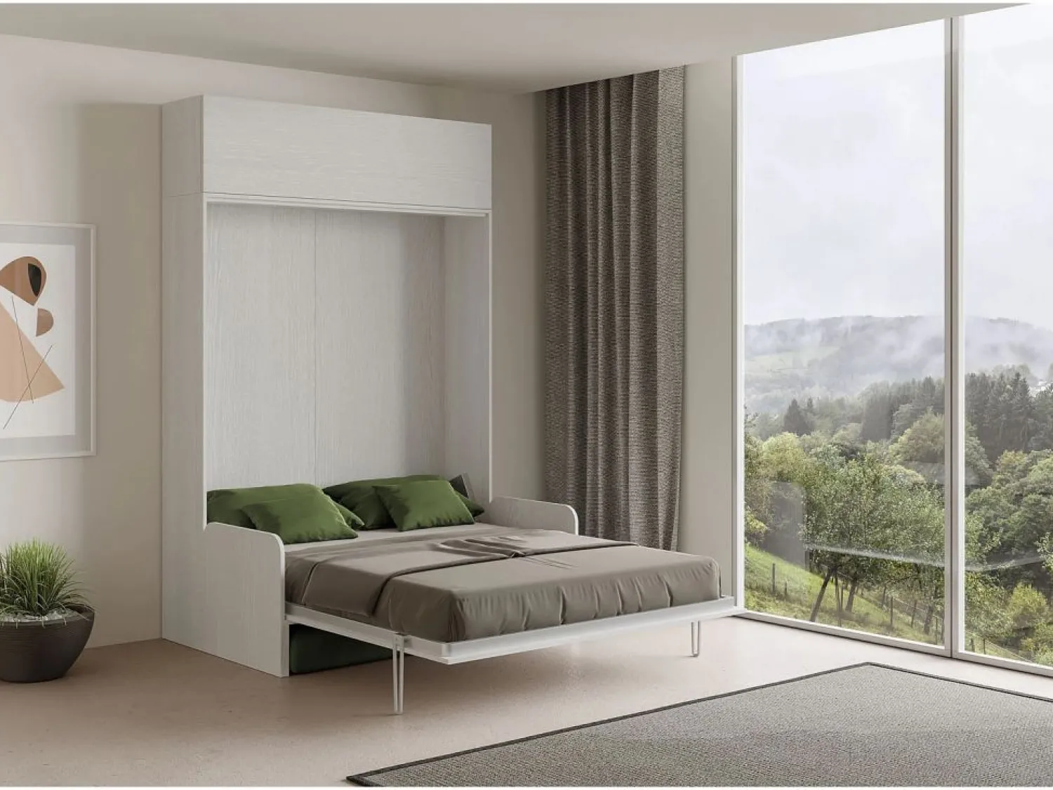 Sale Cama doble plegable Kentaro de 160 cm con sofá y mueble alto de fresno , color verde Cama Abatible