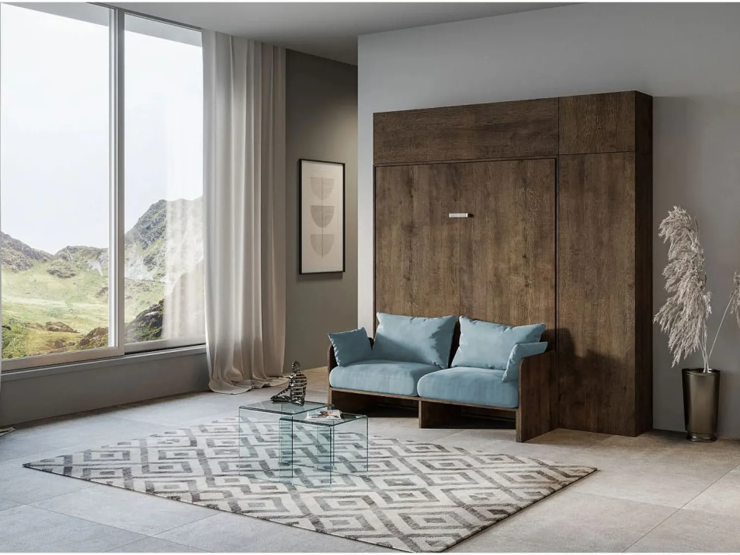 Hot Cama doble plegable Kentaro de 160 cm con sofá y muebles de nogal, azul claro Cama Abatible