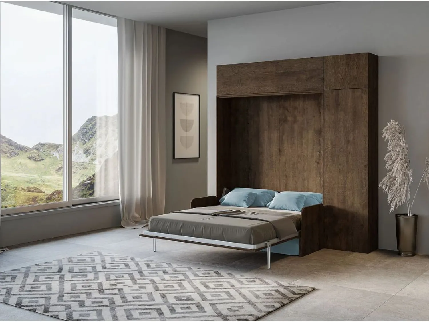 Hot Cama doble plegable Kentaro de 160 cm con sofá y muebles de nogal, azul claro Cama Abatible