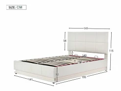 Cama doble tapizada 140x190 cm con iluminación LED, somier de láminas y almacenaje, PU, color blanco