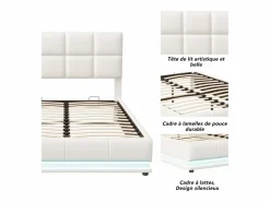 Cama doble tapizada 140x190 cm con iluminación LED, somier de láminas y almacenaje, PU, color blanco