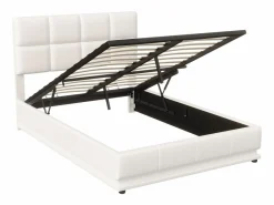 Cama doble tapizada 140x190 cm con iluminación LED, somier de láminas y almacenaje, PU, color blanco