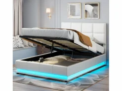 Cama doble tapizada 140x190 cm con iluminación LED, somier de láminas y almacenaje, PU, color blanco