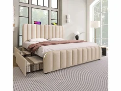 New Cama doble tapizada 180x200cm en lino , con 4 cajones + USB y Tipo C, carga máx. 226 kg (sin colchón) Cama Con Almacenaje|Cama Adulto