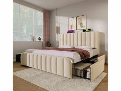 New Cama doble tapizada 180x200cm en lino , con 4 cajones + USB y Tipo C, carga máx. 226 kg (sin colchón) Cama Con Almacenaje|Cama Adulto