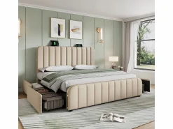 New Cama doble tapizada 180x200cm en lino , con 4 cajones + USB y Tipo C, carga máx. 226 kg (sin colchón) Cama Con Almacenaje|Cama Adulto