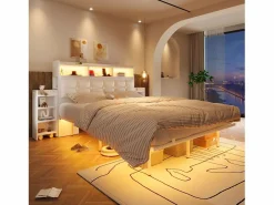 Discount Cama doble 140x190 cm diseño moderno con almacenaje y luz led hierro dormitorio (Sin colchón) Cama Con Almacenaje|Cama Adulto