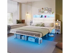 Discount Cama doble 140x190 cm diseño moderno con almacenaje y luz led hierro dormitorio (Sin colchón) Cama Con Almacenaje|Cama Adulto