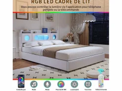 Best Cama doble 140x200cm con cabecero LED - espacio de almacenamiento y puerto USB - canapé hidráulico - PU - Blanco