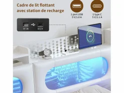 Best Cama doble 140x200cm con cabecero LED - espacio de almacenamiento y puerto USB - canapé hidráulico - PU - Blanco