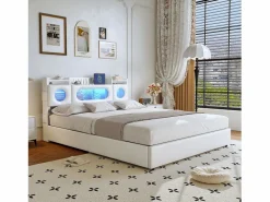 Best Cama doble 140x200cm con cabecero LED - espacio de almacenamiento y puerto USB - canapé hidráulico - PU - Blanco