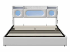 Best Cama doble 140x200cm con cabecero LED - espacio de almacenamiento y puerto USB - canapé hidráulico - PU - Blanco