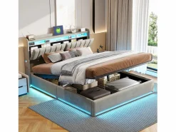 Outlet Cama doble 160x200cm con iluminación LED y almacenaje hidráulico - cabecero con puertos USB y compartimentos de almacenaje - terciopelo - Gris