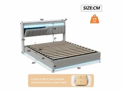 Outlet Cama doble 160x200cm con iluminación LED y almacenaje hidráulico - cabecero con puertos USB y compartimentos de almacenaje - terciopelo - Gris