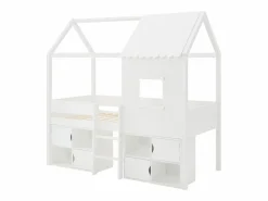 Discount Vente-unique Cama elevada estilo cabaña 90 x 190 cm en pino y MDF en color + colchón - VALESKIA Blanco