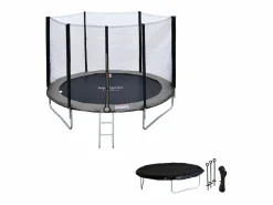 Happy Garden Cama elástica de 180 cm reversible /gris CAIRNS + red de seguridad + escalera + lona + kit de anclaje.