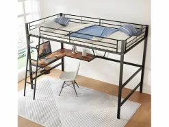 ModernLuxe Cama entrepiso de hierro - 90x200 cm - con escritorio esquinero y estante -