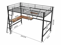 ModernLuxe Cama entrepiso de hierro - 90x200 cm - con escritorio esquinero y estante -